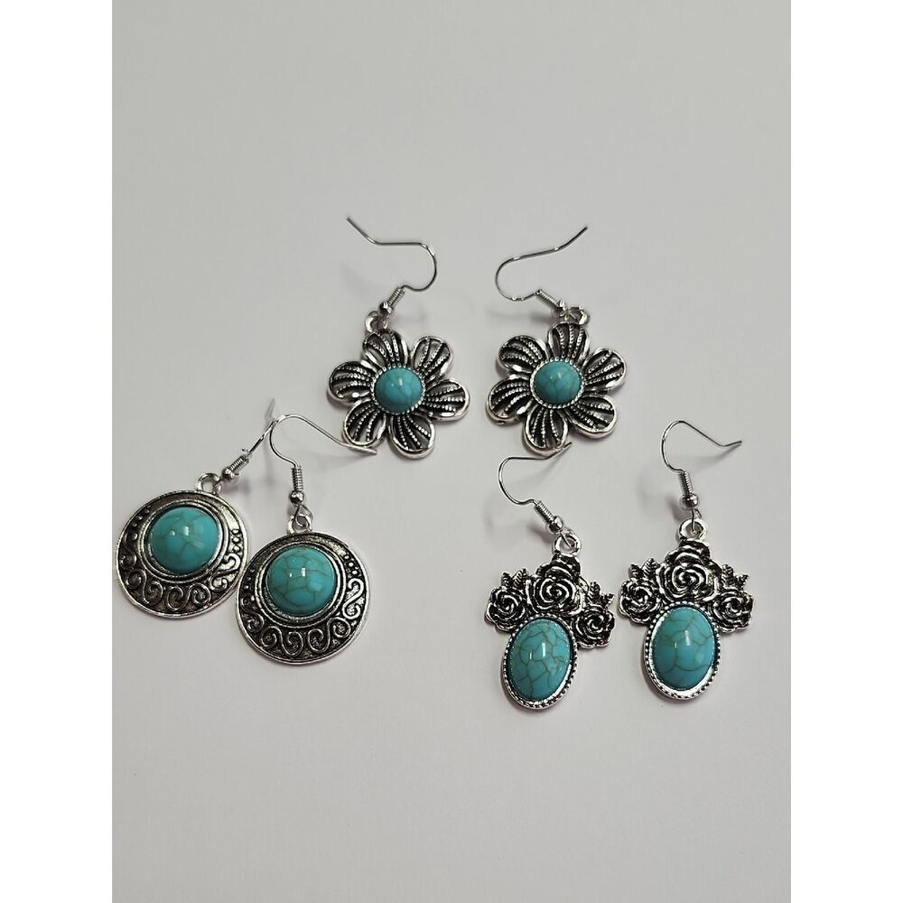 Turquoise Color Silver Tone Drop Earrings - Women Jewelry